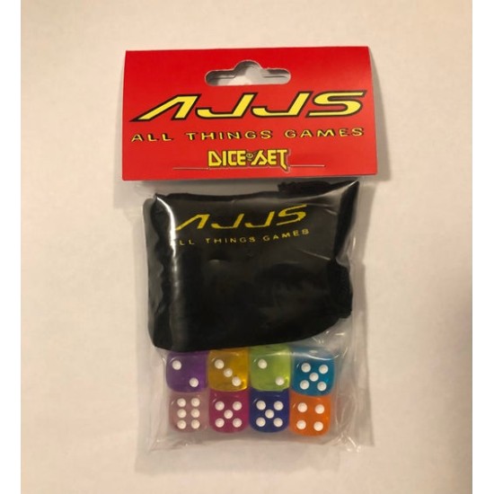 AJJS Dice Set - 8 x D6 Translucent Dice Set with Velvet Dice Bag - Multi Colour