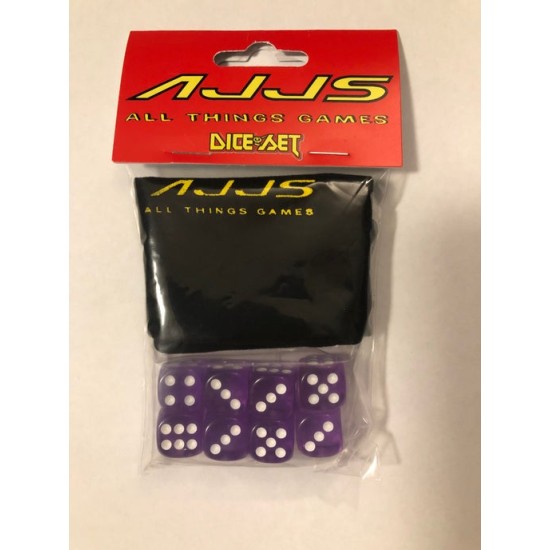 AJJS Dice Set - 8 x D6 Translucent Dice Set with Velvet Dice Bag - Purple